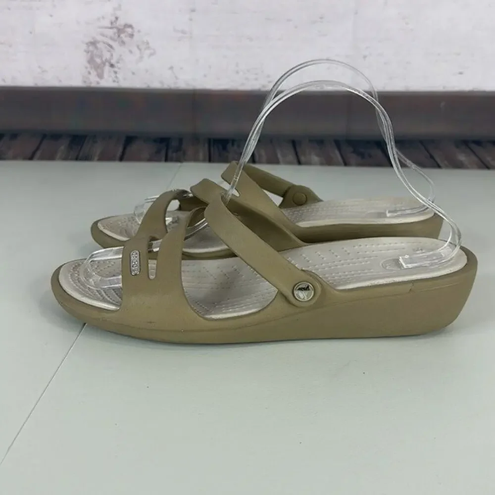 Crocs Wedge Sandal Womens‎ 10 Tan Slip on Open Toe Comfort Casual Light Weight